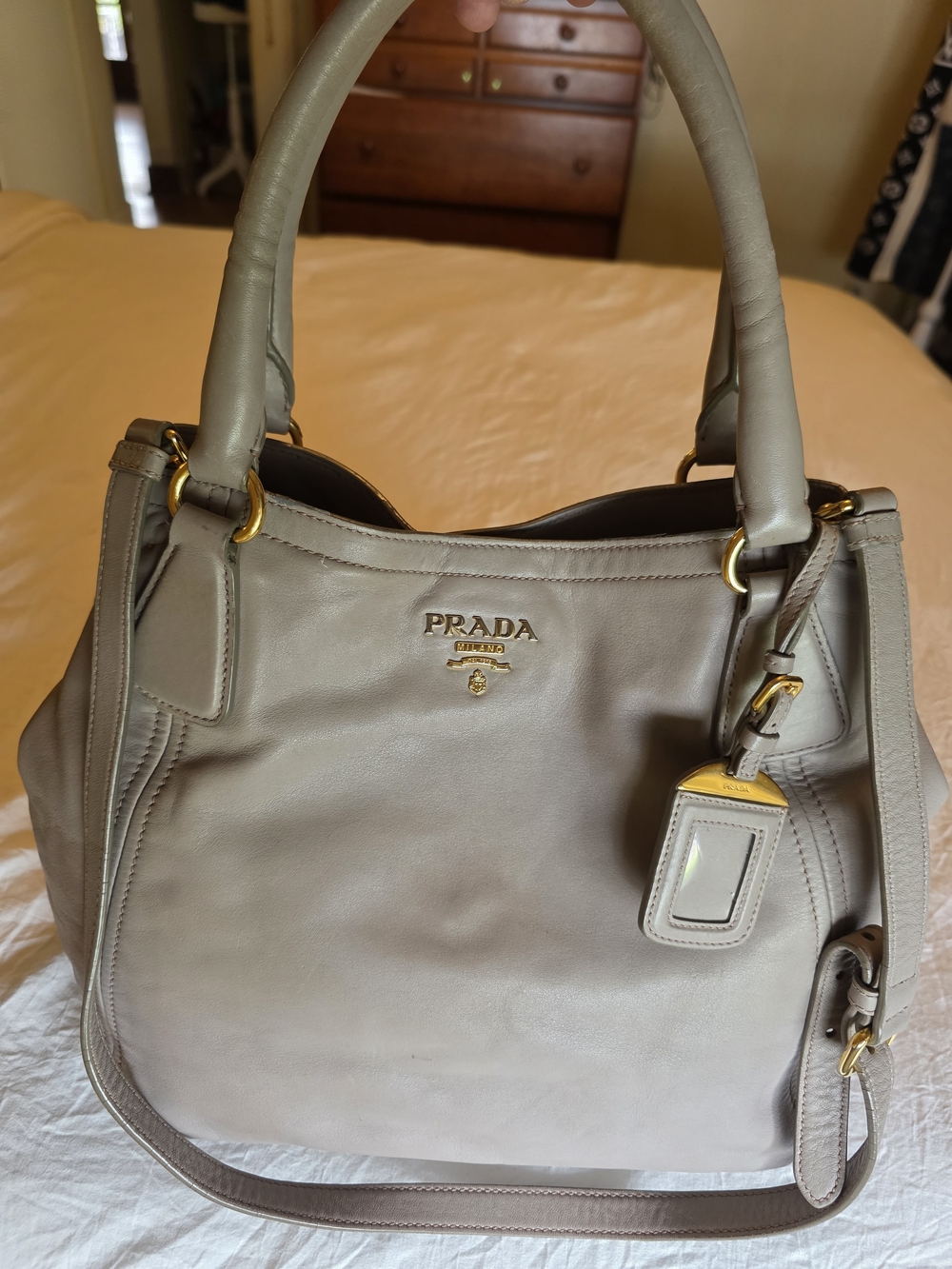 Authentic Prada Taupe Leather Satchel Bag